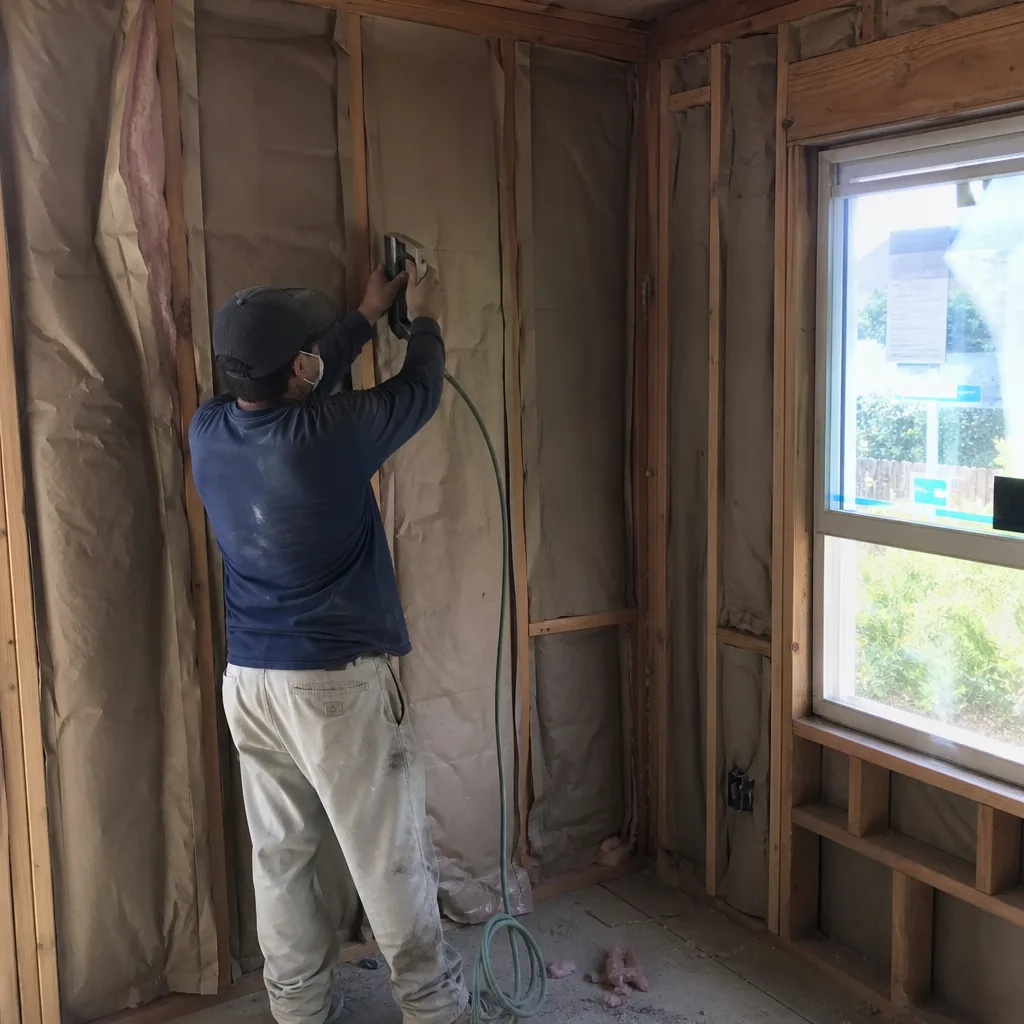 Professional installing fiberglass wall insulation batts in a home construction project