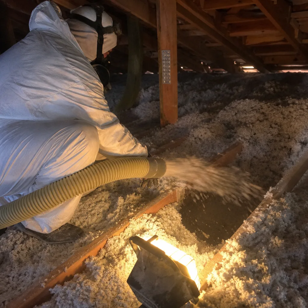 Professional contractor installing blown-in attic insulation