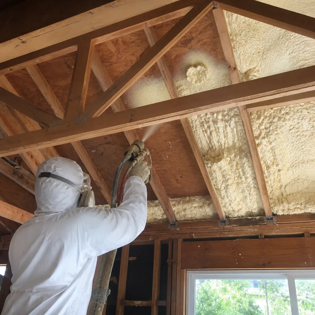 Contractor applying spray foam insulation to a wooden attic frame