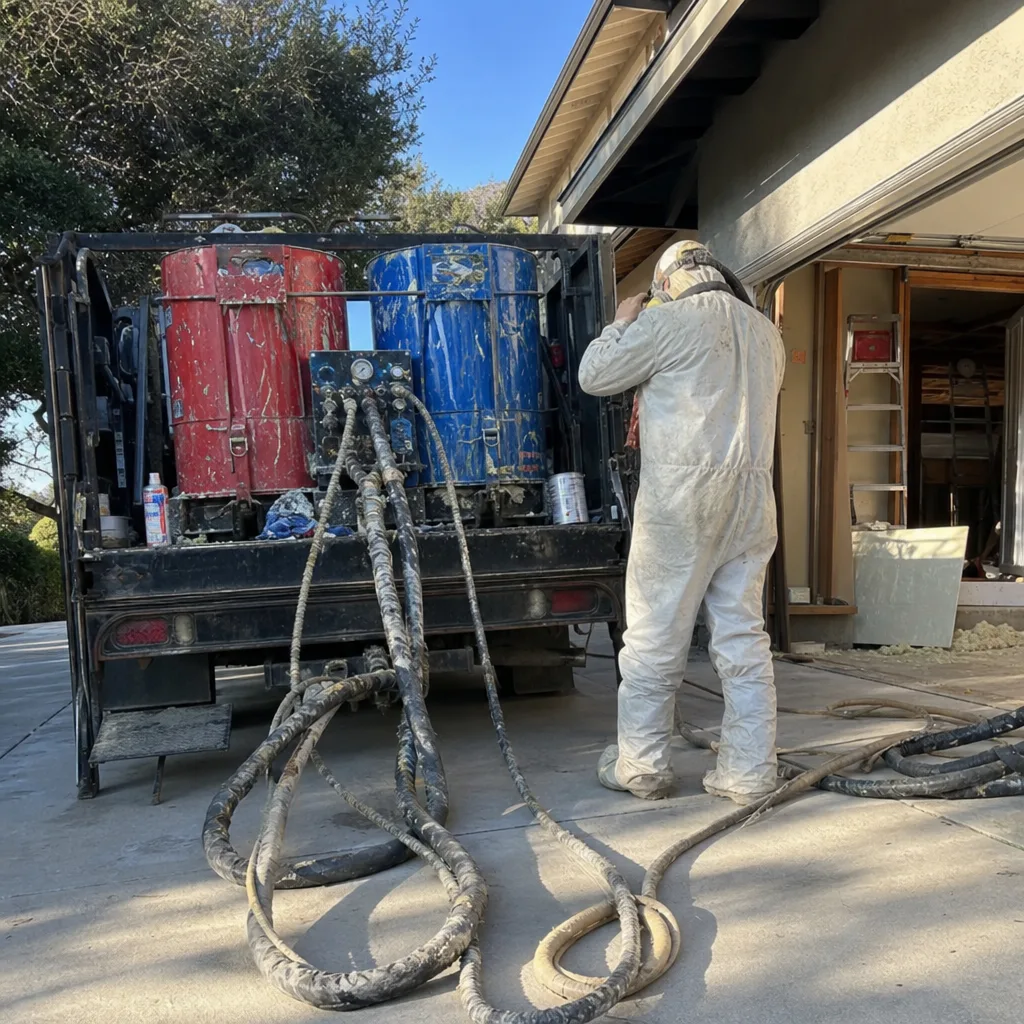 Technician in protective suit operating spray foam insulation equipment