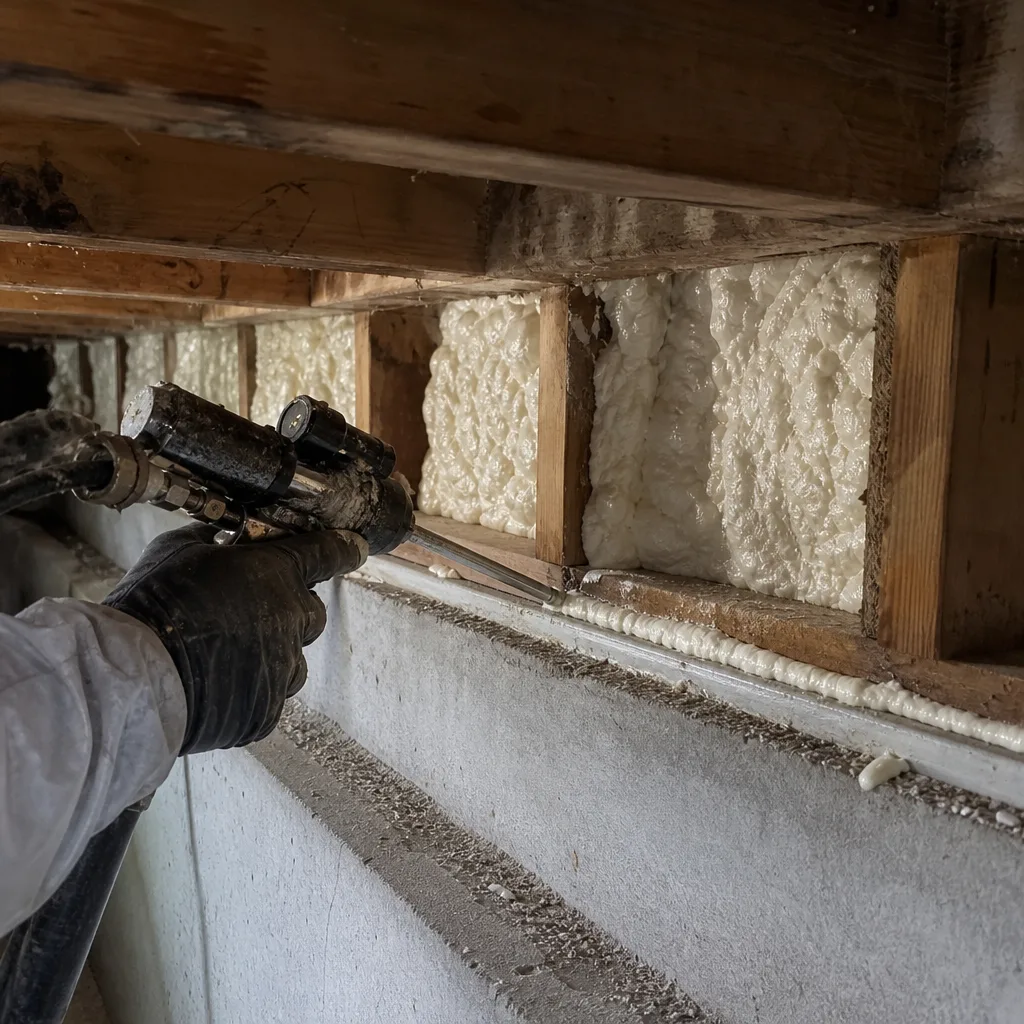 Technician applying spray foam insulation to a basement rim joist.